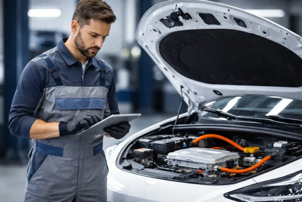 Mehaničar i električni automobil u radionici